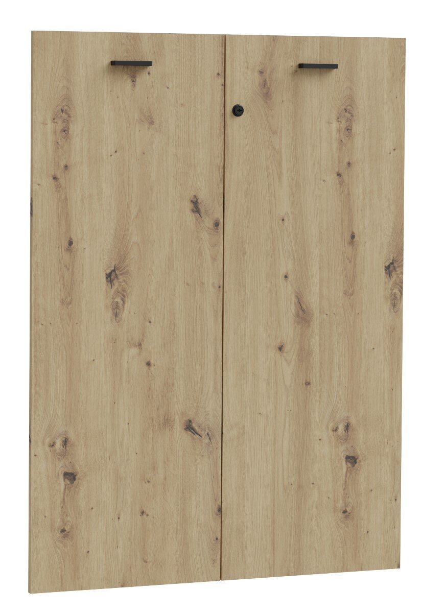 Zweiflügelige Holztür mit natürlicher Holzmaserung und schwarzen Griffen, Frontalansicht