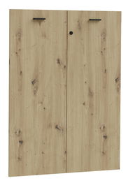 Zweiflügelige Holztür mit natürlicher Holzmaserung und schwarzen Griffen, Frontalansicht