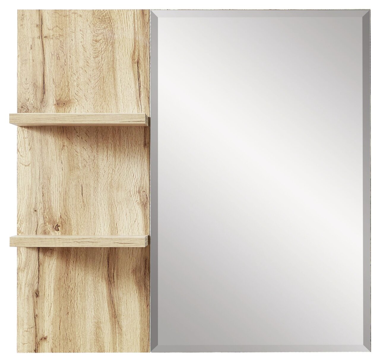 Moderner Wandspiegel mit Holzregalen, Frontalansicht