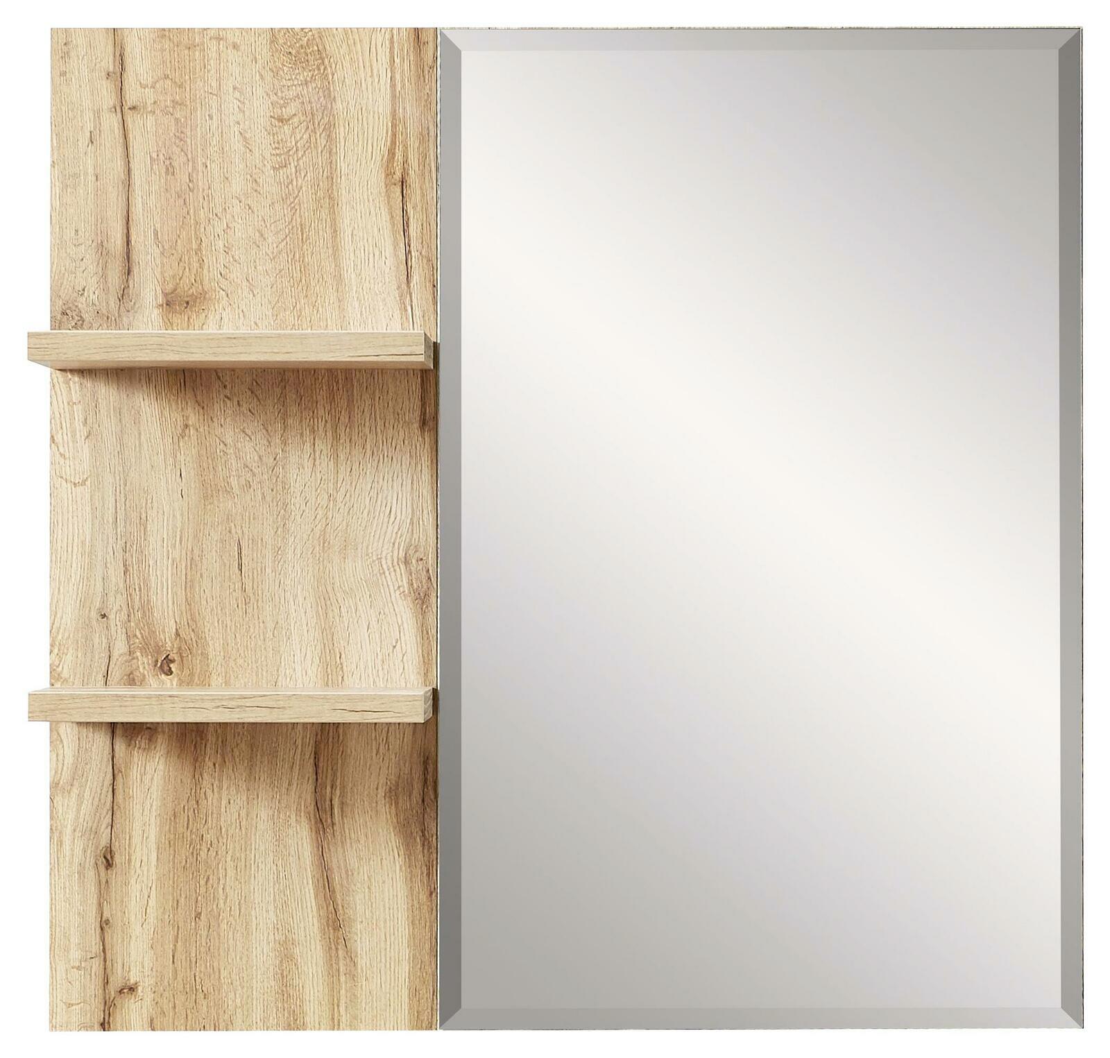 Moderner Wandspiegel mit Holzregalen, Frontalansicht