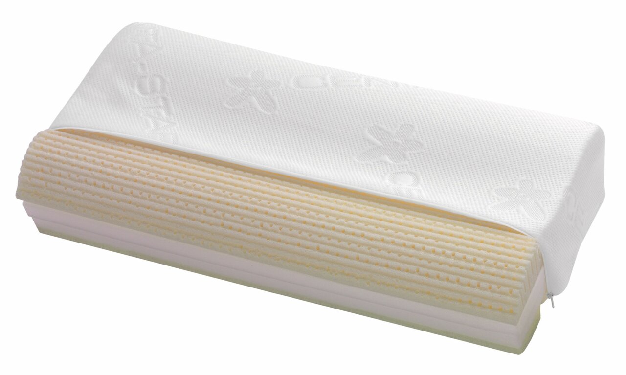Seitliche Ansicht eines Nackenstützkissens mit abnehmbarem Bezug und ergonomischem Design.