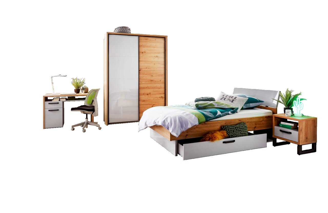 Modernes Schlafzimmer mit Schwebetürenschrank, Bett mit Bettschublade und Nachtkonsole, aus der Perspektive von der Zimmerecke aus gesehen.