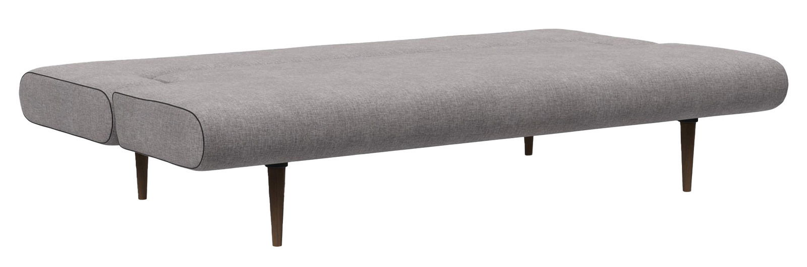 Graues Funktionssofa UNFURL in Seitenansicht mit schlanken Holzbeinen.