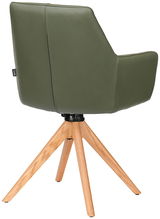 Rückansicht eines grünen Armlehnstuhls mit Holzbeinen