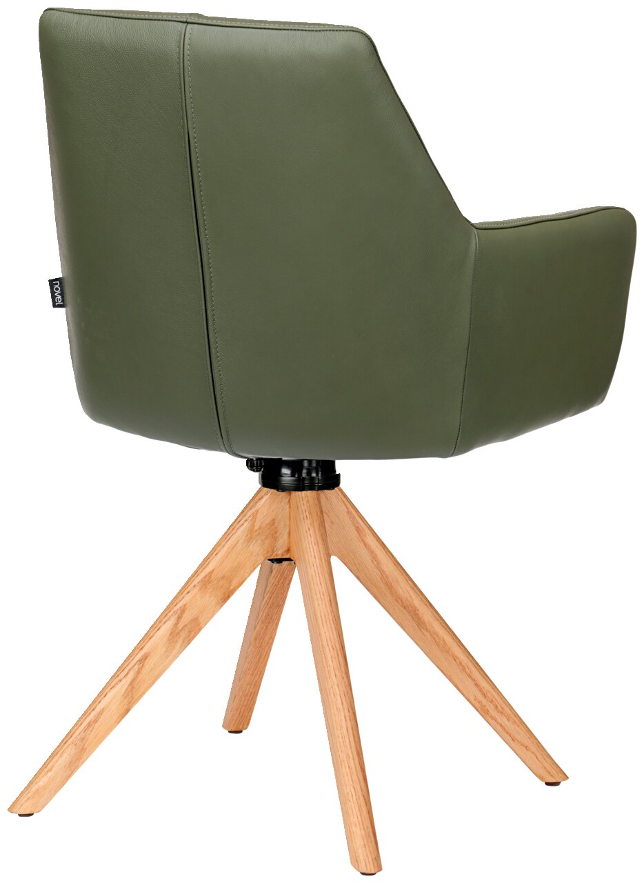 Rückansicht eines grünen Armlehnstuhls mit Holzbeinen
