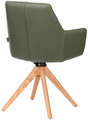 Rückansicht eines grünen Armlehnstuhls mit Holzbeinen