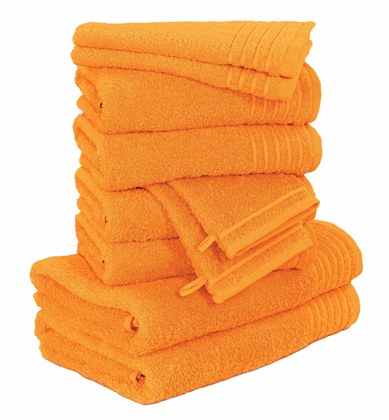 Stapel von orangefarbenen Handtüchern, seitliche Perspektive