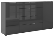Modernes XL-Sideboard in Hochglanz-Grau mit zwei Türen und vier Schubladen, seitliche Perspektive