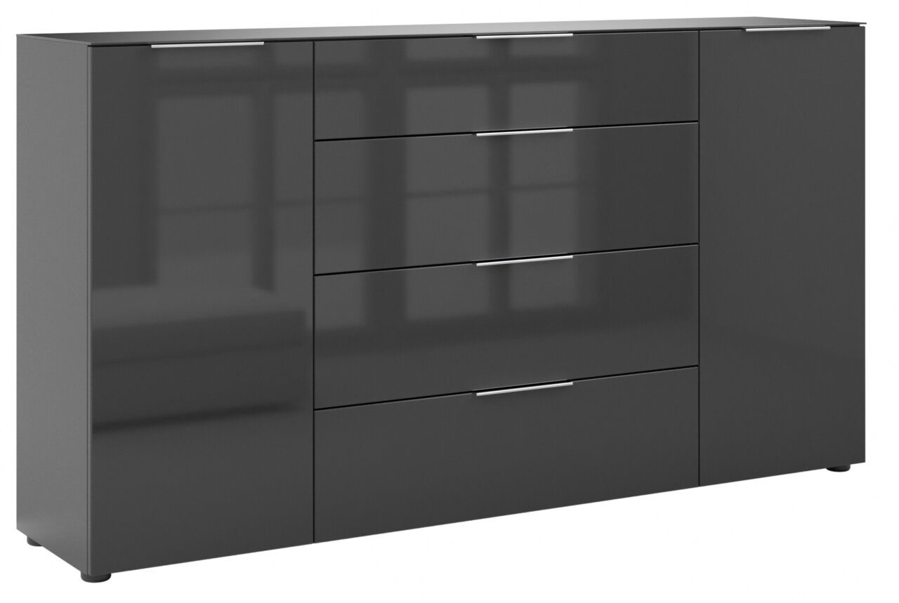Modernes XL-Sideboard in Hochglanz-Grau mit zwei Türen und vier Schubladen, seitliche Perspektive