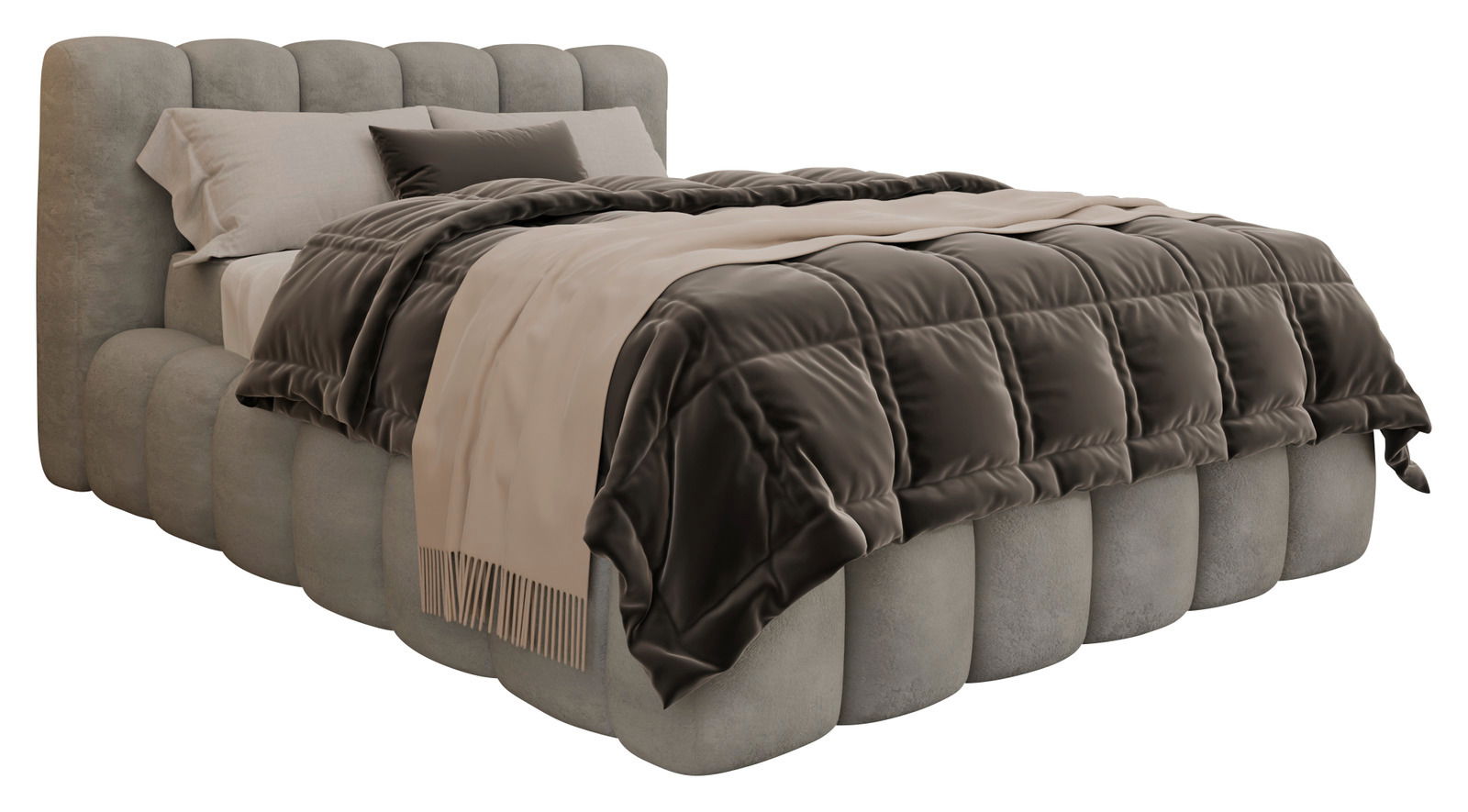 Polsterbettgestell in seitlicher Perspektive mit grauem, gestepptem Kopfteil und luxuriöser Bettwäsche in dunklen und hellen Tönen.
