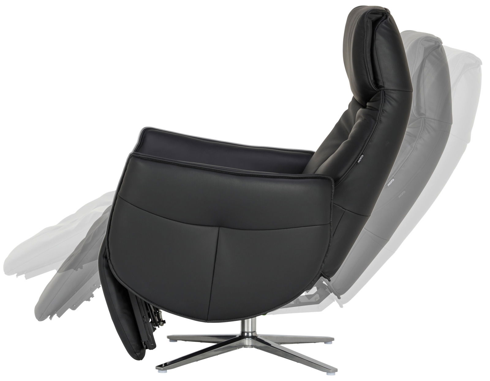 Schwarzer Relaxsessel in seitlicher Perspektive mit verstellbarer Rückenlehne und modernem Design.