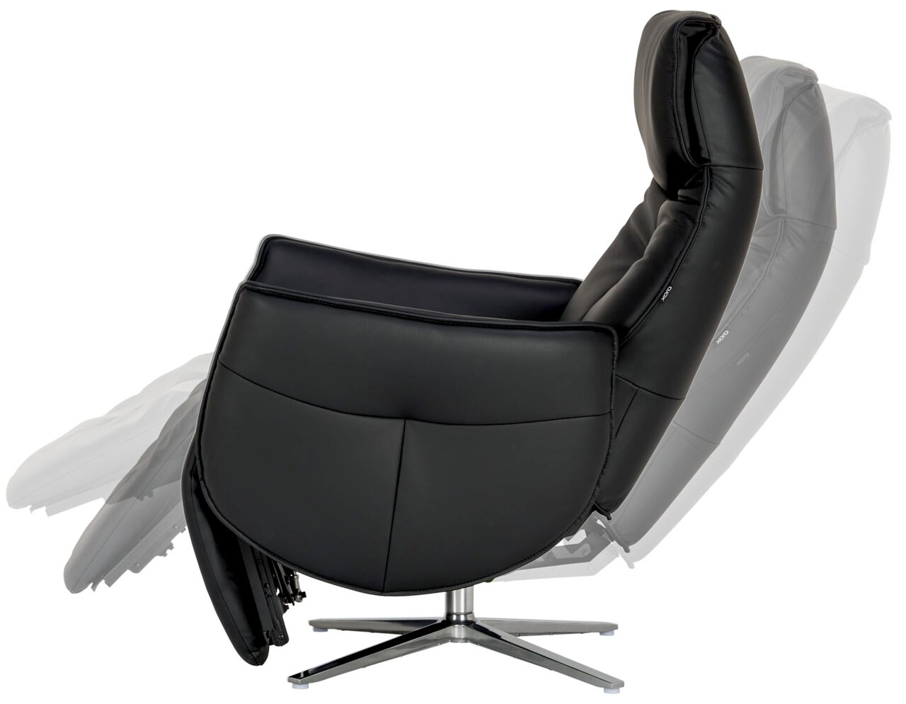 Schwarzer Relaxsessel in seitlicher Perspektive mit verstellbarer Rückenlehne und modernem Design.