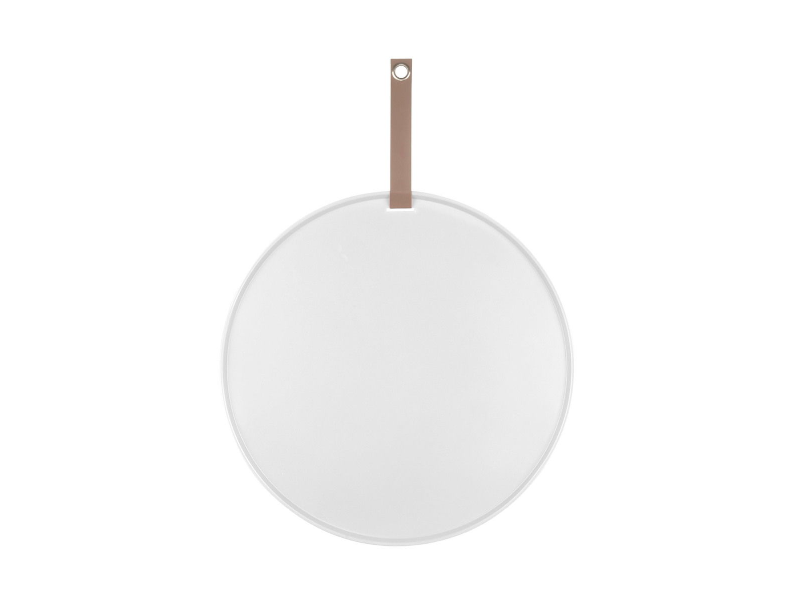 Rundes, weißes Memoboard mit braunem Aufhängeband, frontal abgebildet.