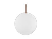 Rundes, weißes Memoboard mit braunem Aufhängeband, frontal abgebildet.