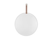 Rond, wit memobord met bruin ophangkoord, afgebeeld van voren.