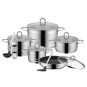 Topf-Set 9-tlg. Diamant aus Edelstahl mit Glasdeckeln, bestehend aus verschiedenen Töpfen und Pfannen, frontal abgebildet.