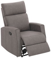 Grauer Sessel mit verstellbarer Rückenlehne und Fußstütze, seitliche Perspektive