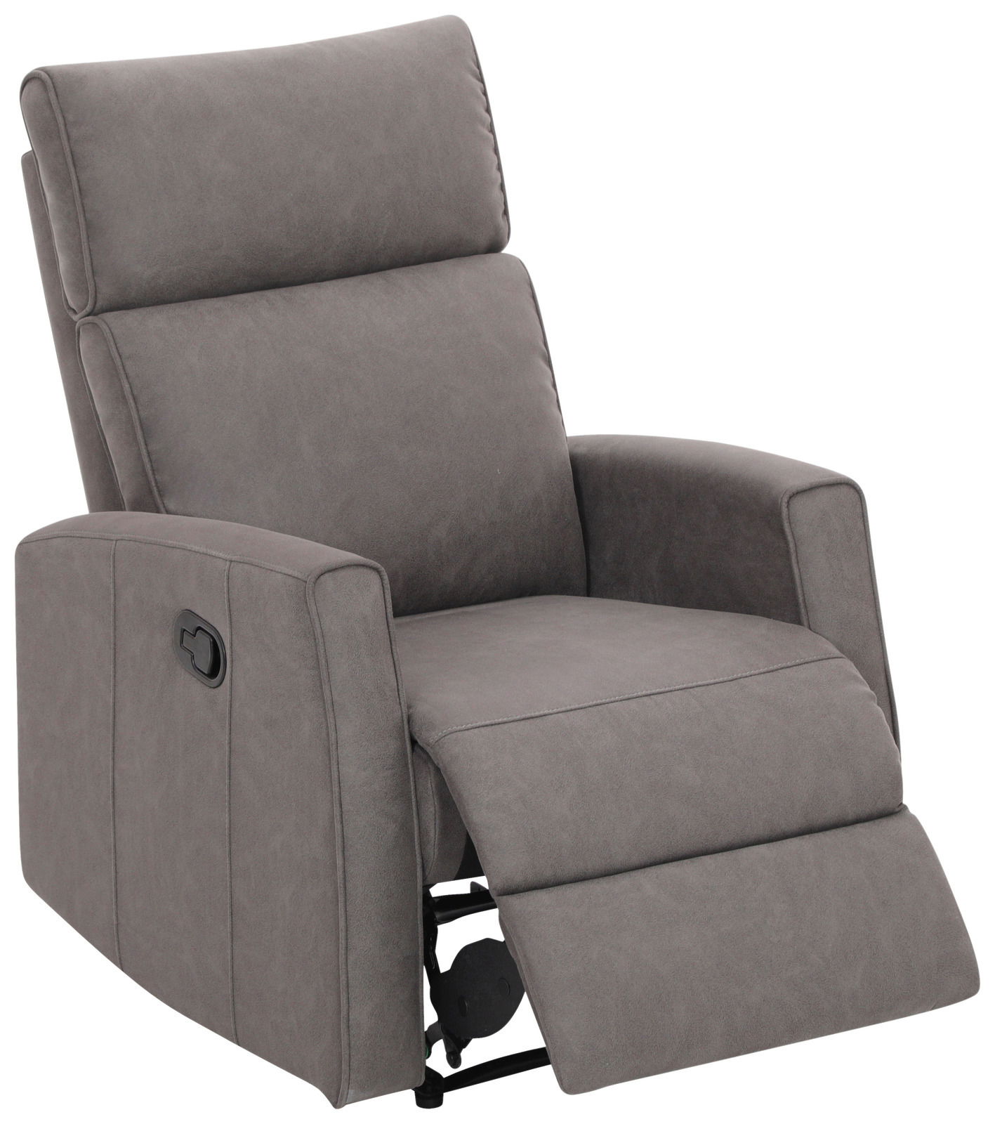 Grauer Sessel mit verstellbarer Rückenlehne und Fußstütze, seitliche Perspektive