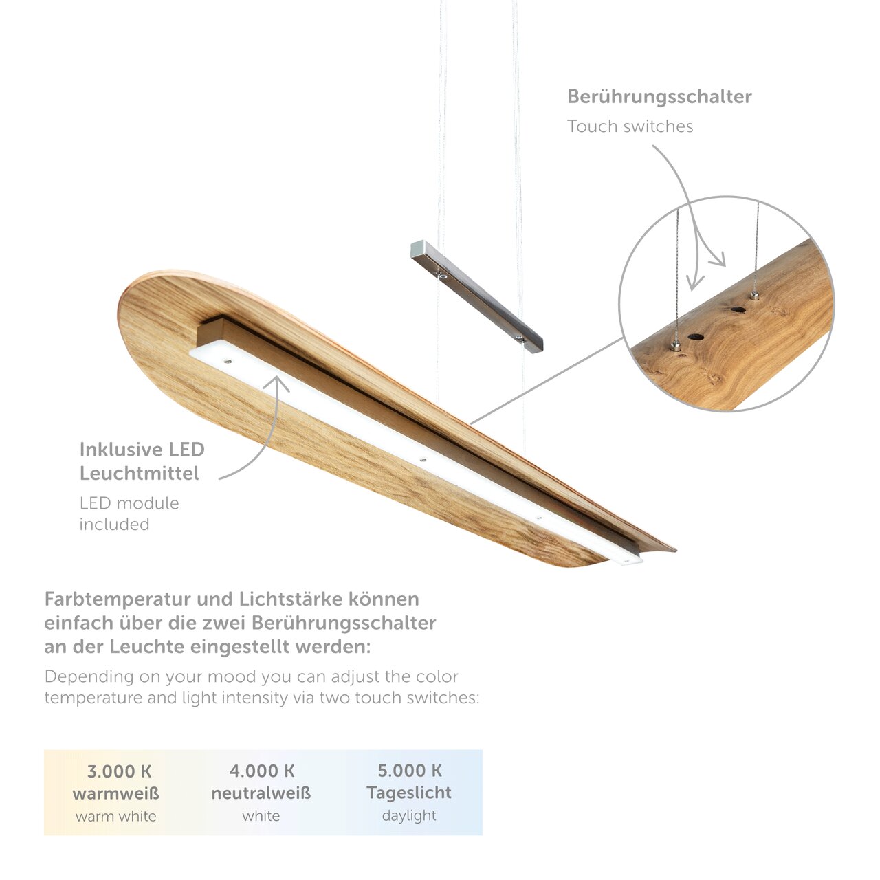LED-Pendelleuchte aus Holz mit Berührungsschaltern, seitliche Perspektive, inklusive LED-Leuchtmittel, einstellbare Farbtemperatur von warmweiß bis Tageslicht.