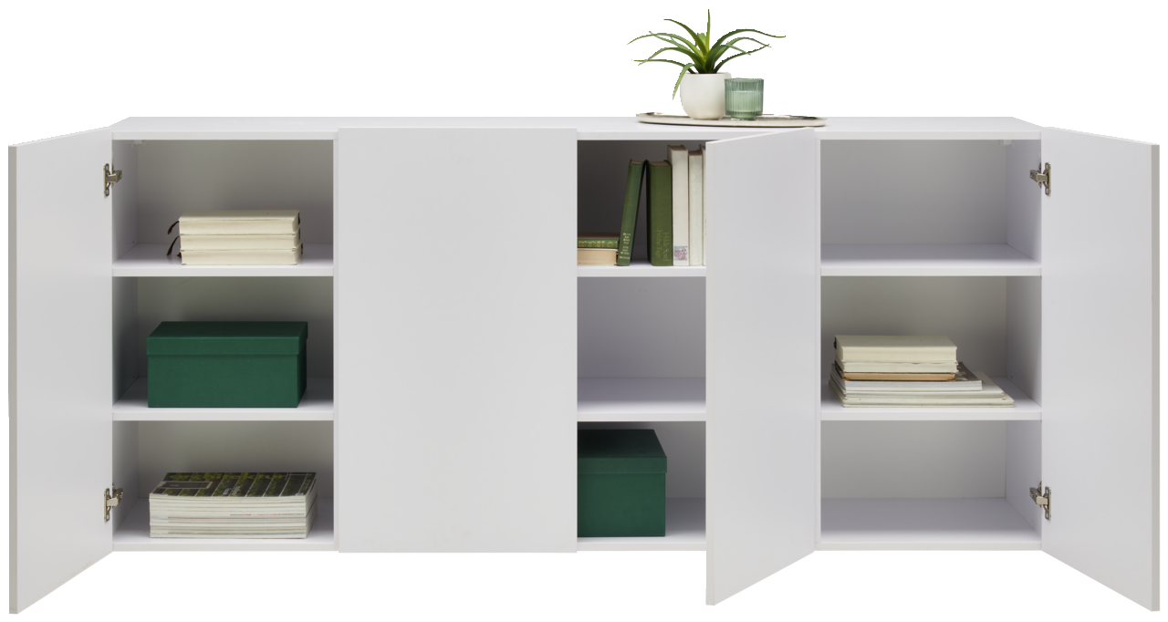 Weißes Hängesideboard mit offenen Türen, gefüllt mit Büchern und Dekorationen, aus frontaler Perspektive.
