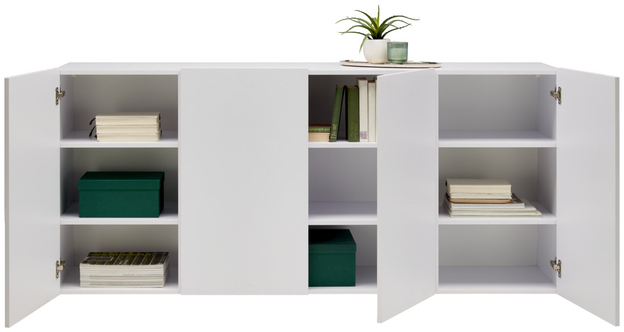 Weißes Hängesideboard mit offenen Türen, gefüllt mit Büchern und Dekorationen, aus frontaler Perspektive.