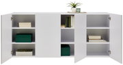 Weißes Hängesideboard mit offenen Türen, gefüllt mit Büchern und Dekorationen, aus frontaler Perspektive.