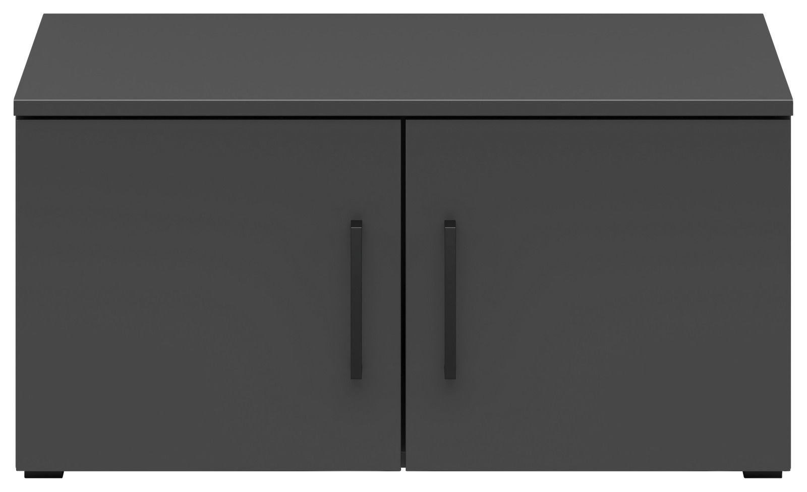 Schwarzer Aufsatzschrank mit zwei Türen und schwarzen Griffen, Frontalansicht