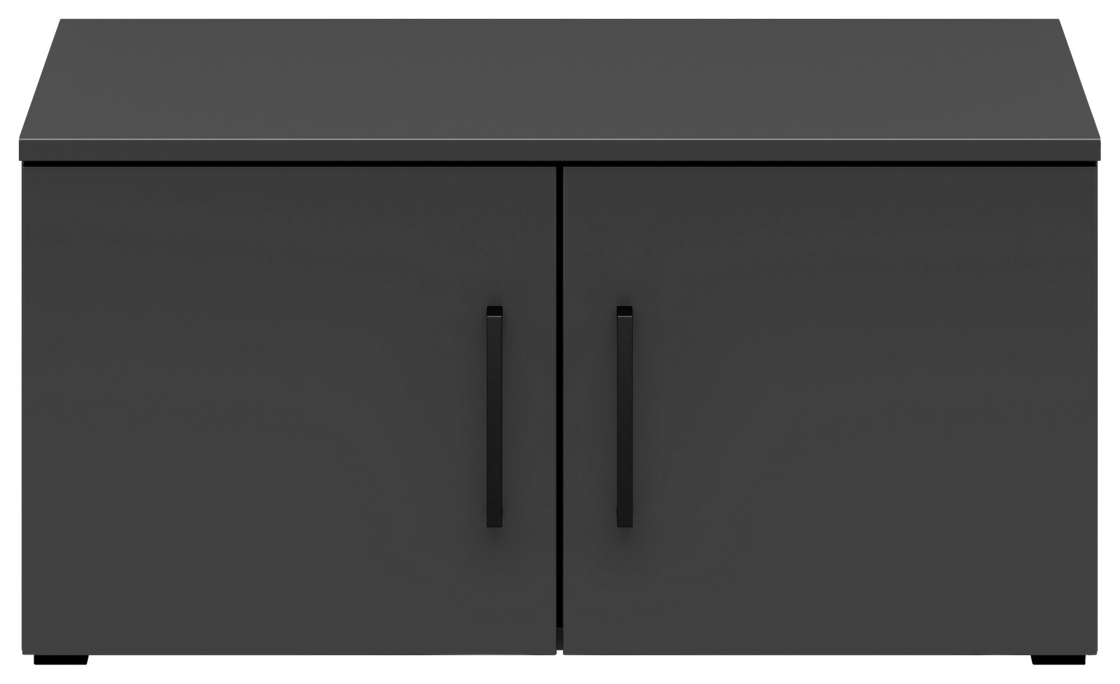 Schwarzer Aufsatzschrank mit zwei Türen und schwarzen Griffen, Frontalansicht