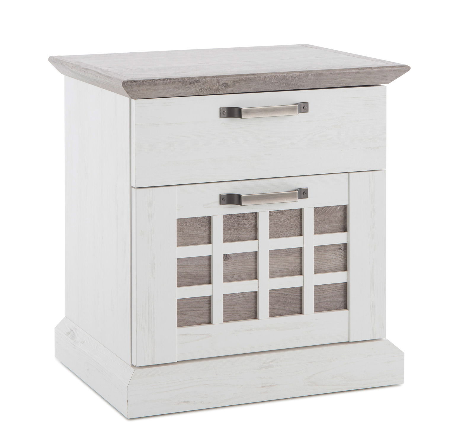 Nachtkommode aus Holz mit Schublade und Gitterdesign, seitliche Perspektive