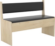 Holzbank mit schwarzer Sitz- und Rückenpolsterung, schräg von vorne rechts fotografiert