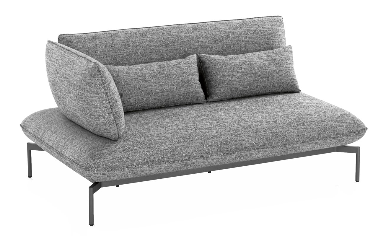 Graues Loungesofa für zwei Personen mit linker Armlehne, moderne Metallbeine, seitliche Perspektive