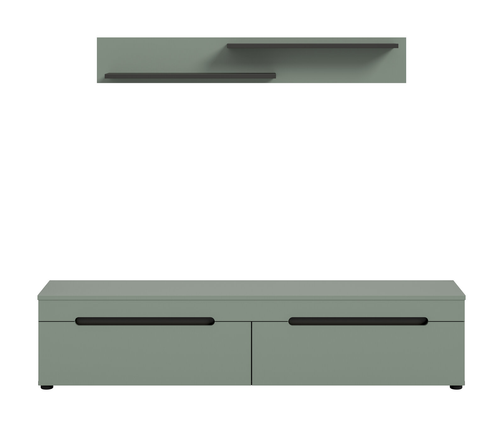Modernes TV-Lowboard in Salbeigrün mit zwei Schubladen und schwarzen Griffleisten, darüber zwei schwebende Wandregale; Frontansicht.