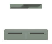 Modernes TV-Lowboard in Salbeigrün mit zwei Schubladen und schwarzen Griffleisten, darüber zwei schwebende Wandregale; Frontansicht.