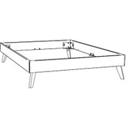Eenvoudig bedframe met lage poten, perspectivisch aanzicht schuin van voren (3/4-aanzicht), als technische lijntekening op een witte achtergrond
