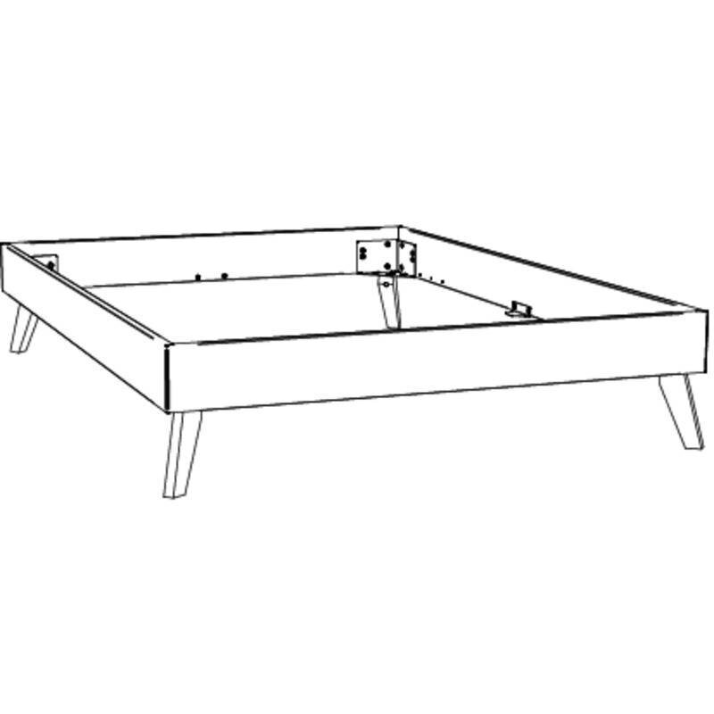 Eenvoudig bedframe met lage poten, perspectivisch aanzicht schuin van voren (3/4-aanzicht), als technische lijntekening op een witte achtergrond