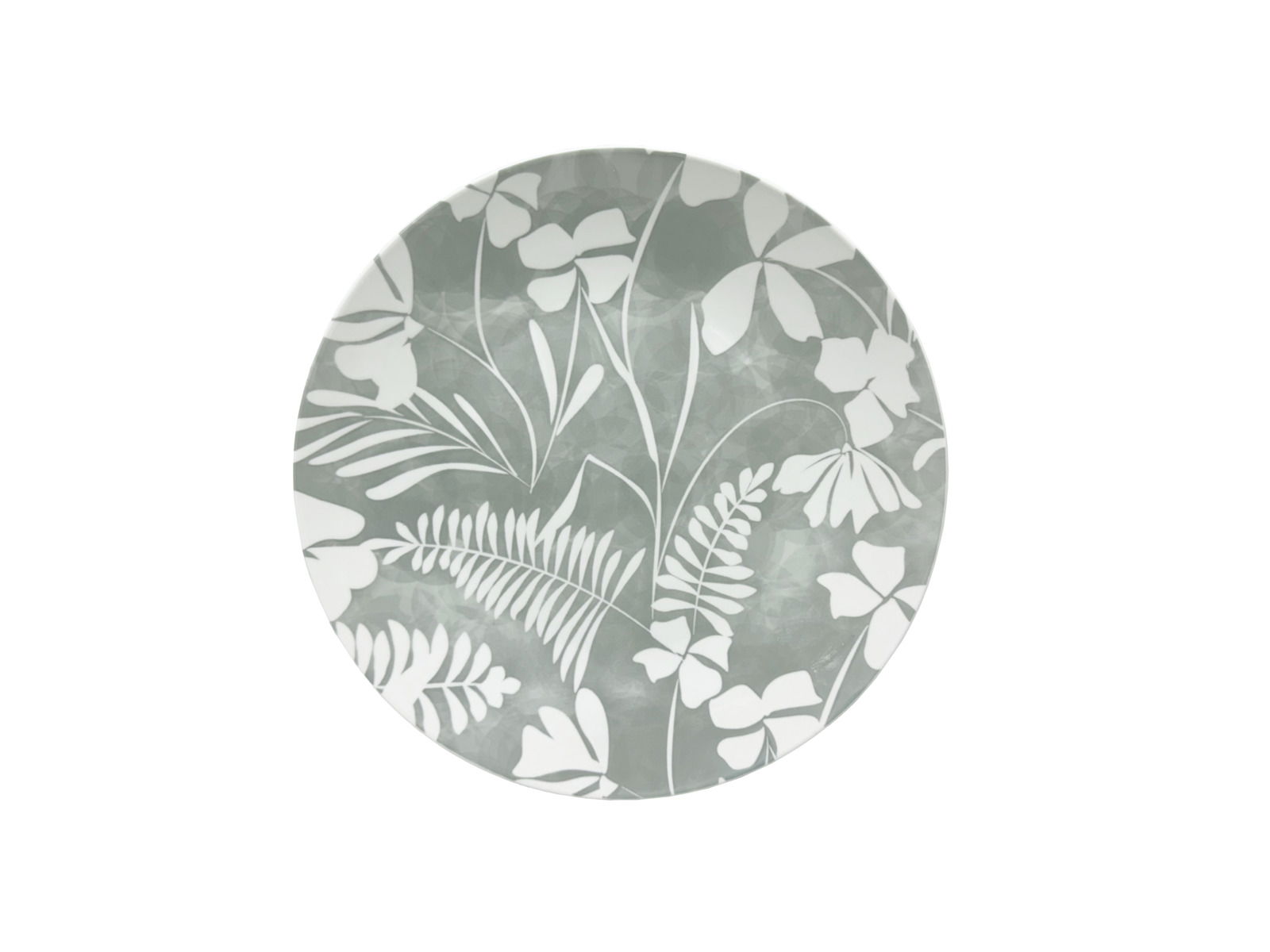 Runde Teller mit floralem Muster in Grau und Weiß, Draufsicht