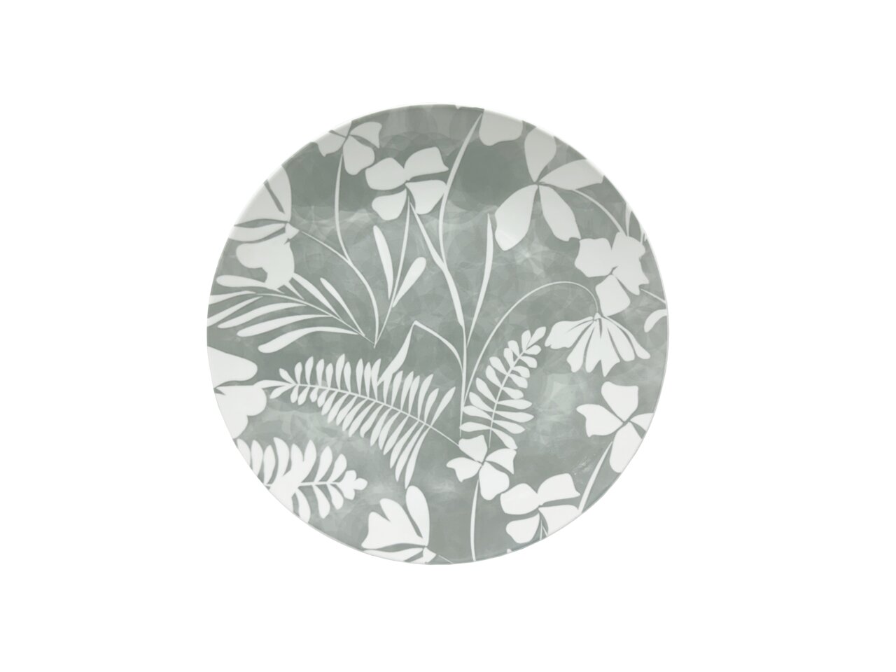 Runde Teller mit floralem Muster in Grau und Weiß, Draufsicht