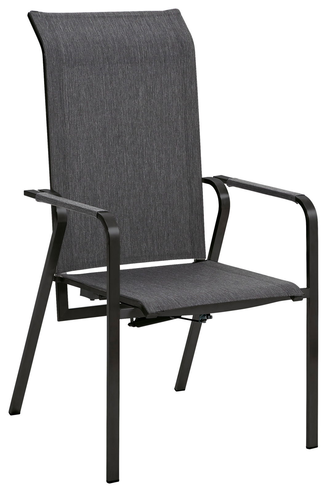 Moderner Relaxsessel mit schwarzem Metallrahmen und grauem Stoffbezug, seitliche Perspektive