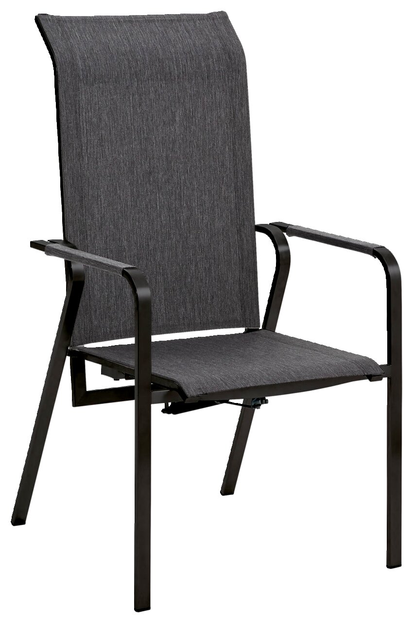 Moderner Relaxsessel mit schwarzem Metallrahmen und grauem Stoffbezug, seitliche Perspektive