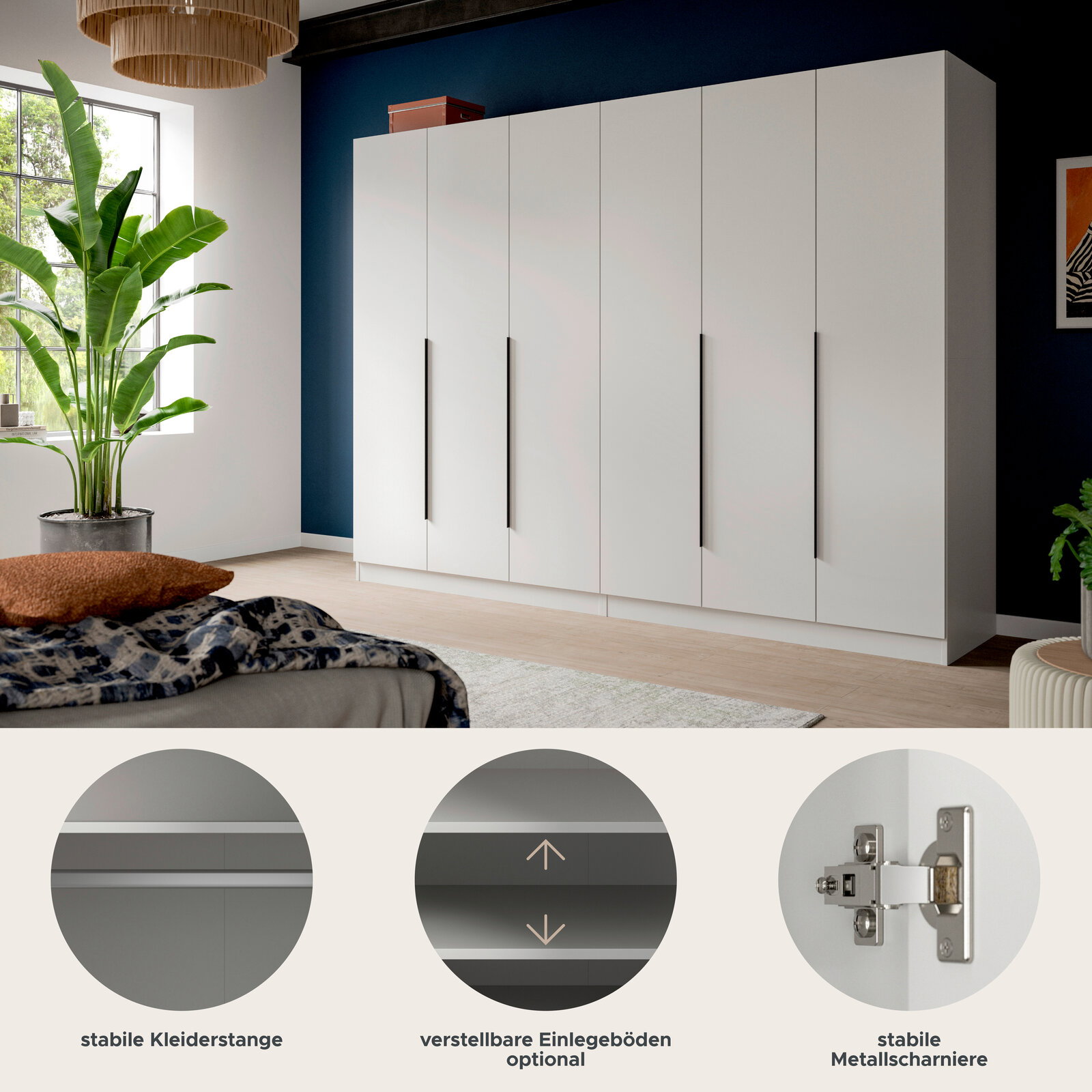 Moderner weißer Kleiderschrank mit sechs Türen und langen schwarzen Griffen im Schlafzimmer, Frontansicht in leichter Schrägperspektive; Detailhinweise auf stabile Kleiderstange, optional verstellbare Einlegeböden und stabile Metallscharniere.