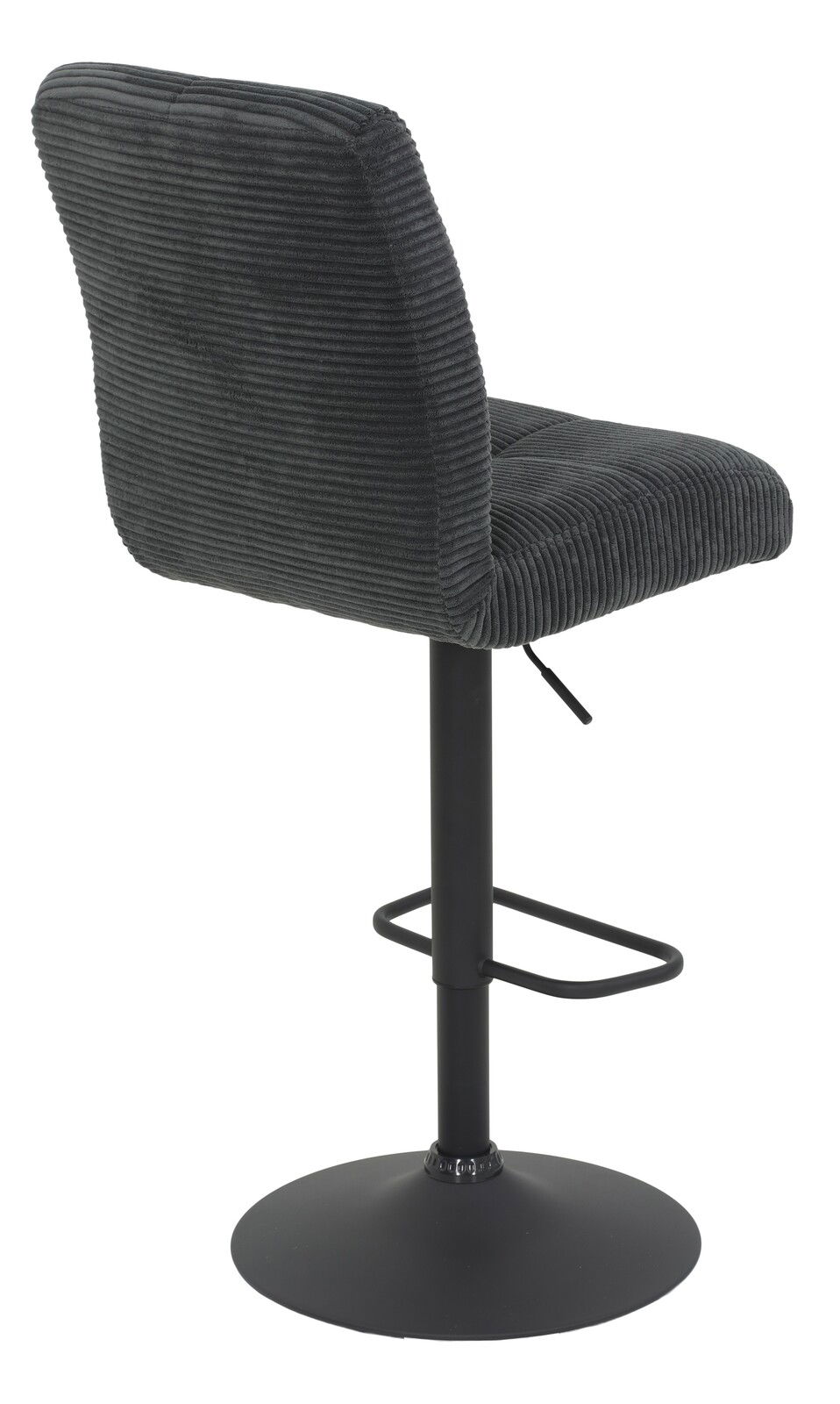 Rückansicht eines modernen Barhockers mit schwarzem, geripptem Stoffbezug und schwarzem Metallfuß.