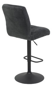 Rückansicht eines modernen Barhockers mit schwarzem, geripptem Stoffbezug und schwarzem Metallfuß.