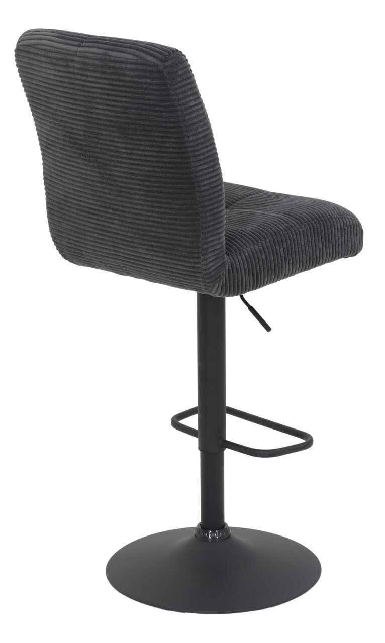Achterkant van een moderne barkruk met een zwarte, geribbelde stoffen bekleding en een zwart metalen onderstel.