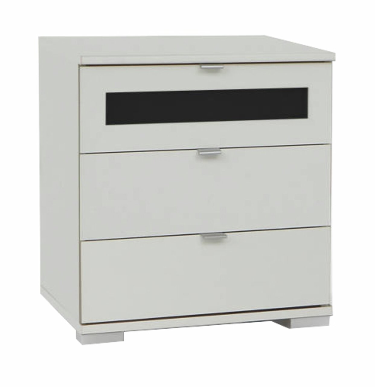 Z2 Nachtkonsole BOX PLUS Weiße Nachtkonsole mit drei Schubladen, davon eine mit schwarzem Glaseinsatz, Perspektive von vorne.
