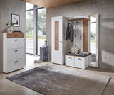 Moderne Garderobenkombination in einem hellen Raum mit großem Fenster, bestehend aus Schuhschrank, Garderobenschrank, Garderobenbank und Spiegel. Perspektive von vorne.