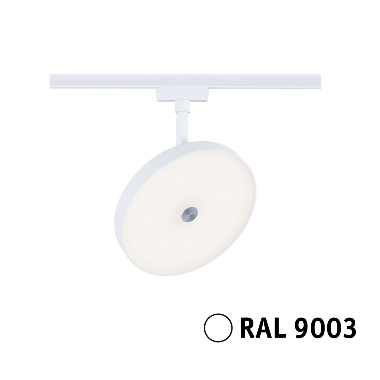 Weißer Schienenspot Hildor von PAULMANN, Modell URAIL, in RAL 9003, seitliche Perspektive
