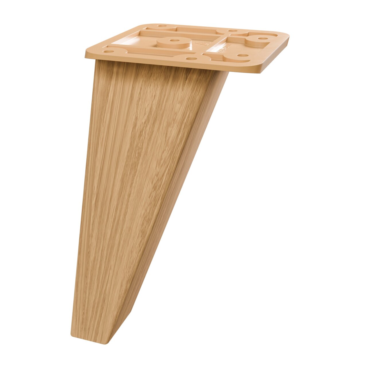 Holzfarbener Möbelbein aus Holzwerkstoff, schräg von der Seite fotografiert