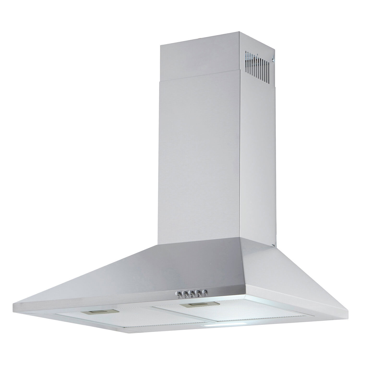 Silberne Dunstabzugshaube in seitlicher Perspektive