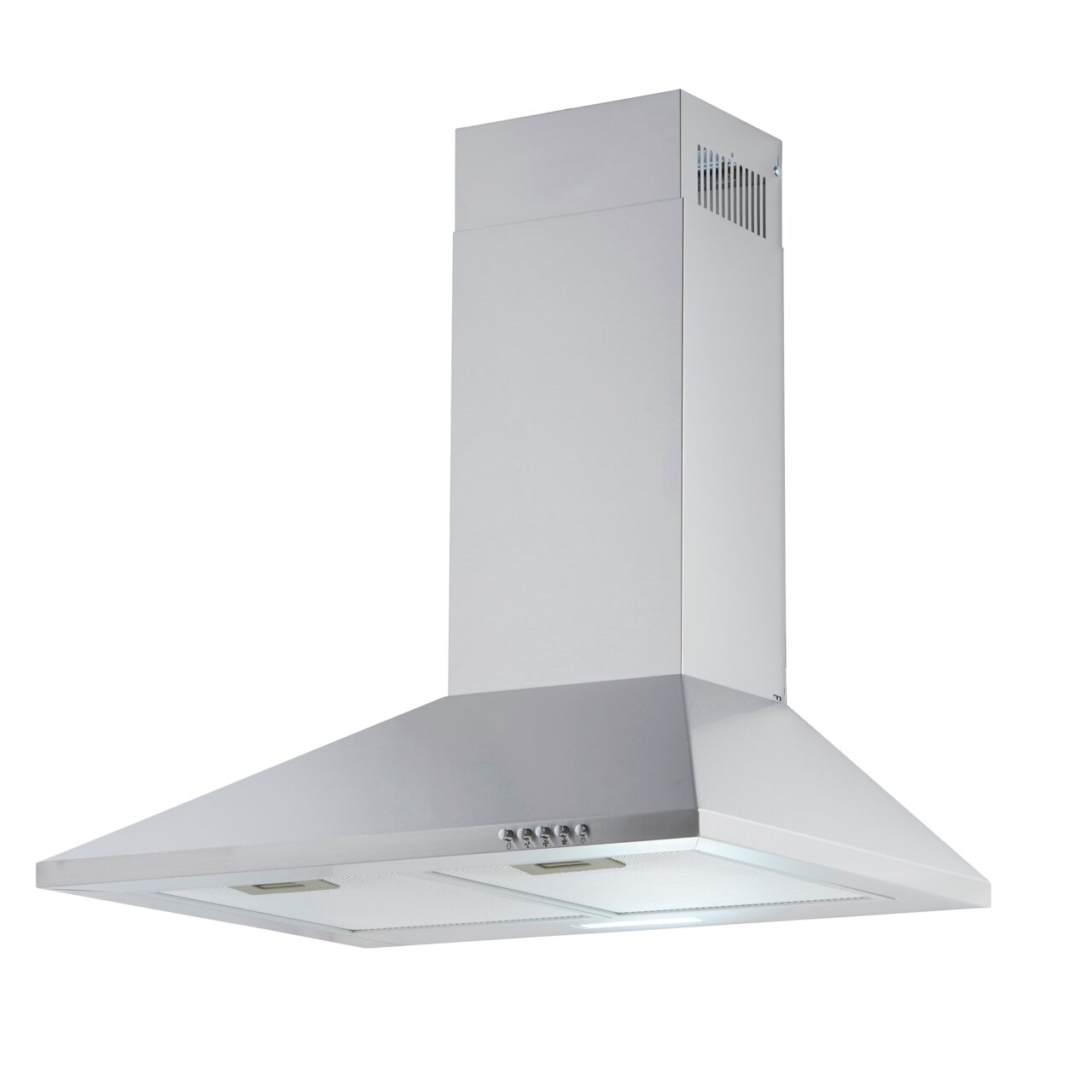 Silberne Dunstabzugshaube in seitlicher Perspektive