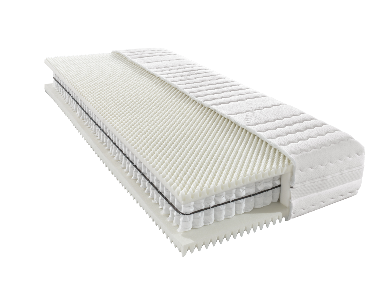 Novel Taschenfederkernmatratze H5 ORTHO STAR PLUS T Querschnitt einer Taschenfederkernmatratze H5 mit sichtbaren Schichten aus Schaumstoff und Federn, perspektivisch von der Seite aufgenommen.